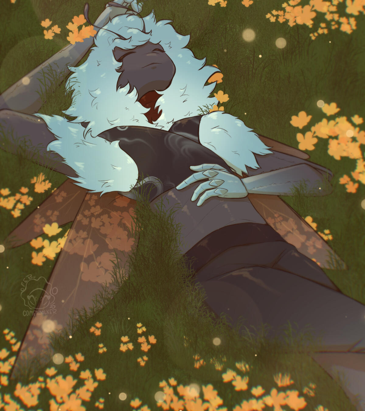 Character is sitting on top of a sign that reads "TOS"