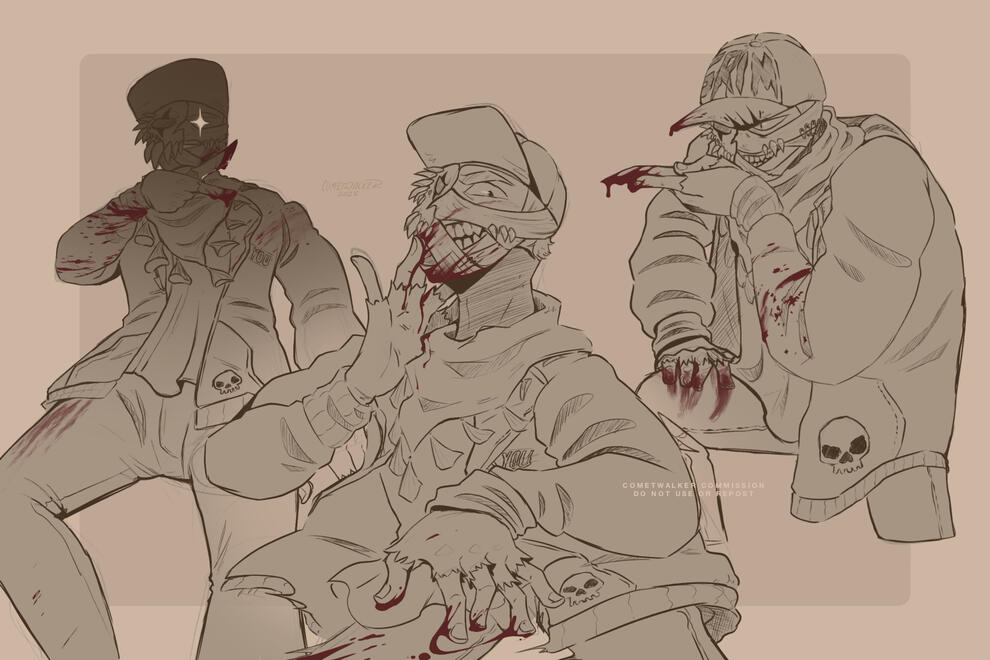 3 halfbody sketches of a human OC - Grim - in various poses. Posted left to right: - looking up towards his face, Grim is holding his bloodied pocket knife against his jaw. - Grim is turning towards the viewer with one hand outstretched and the other again