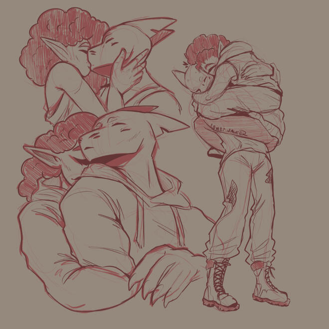 A collection of three sketches: - top left: Halo is holding Reaper's face while they kiss. - bottom left: Halo is holding Reaper from behind. - right: Reaper is holding Halo up in an embrace.