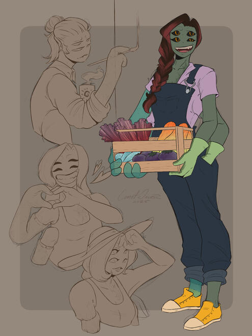Sketch page featuring four sketches of a four armed alien oc named Sikva. She has two prosthetic arms and a prosthetic leg on her right side. The fullbody sketch is of her holding a crate of vegetables. The three sketches on the left are of various expres
