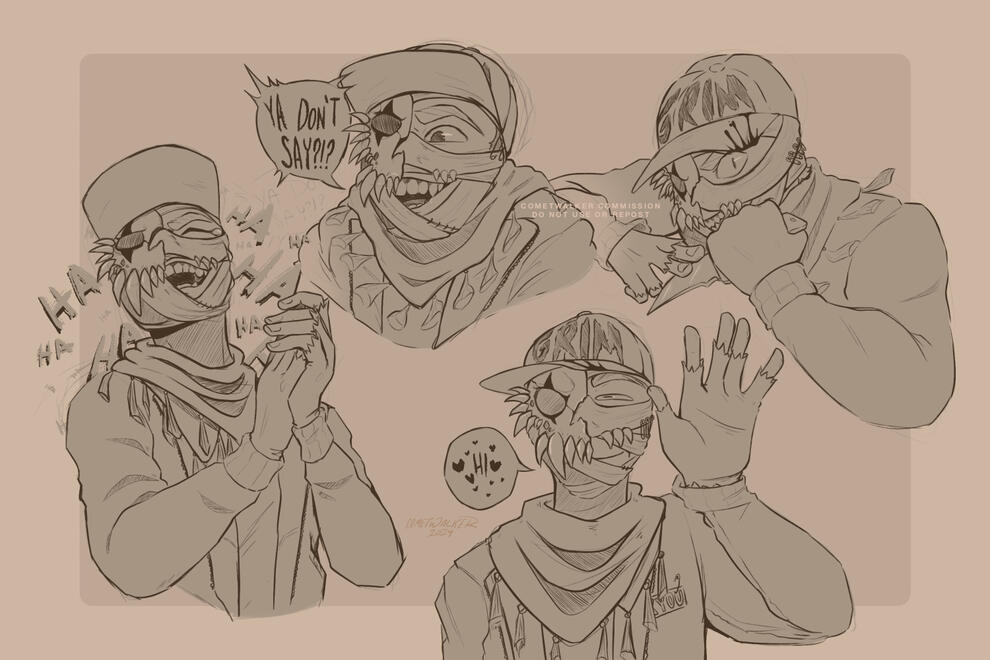Four sketches of an original character- Grim. From left to right: - he is clapping his hands while his head is tipped back laughing - he is leaning forward, eyes wide, with a text bubble that reads "ya don't say?!?" - he's having with his left hand with a