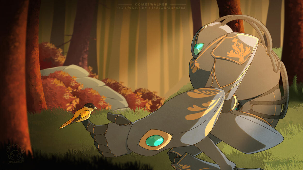 Illustration featuring a robot crouching down with a small bird resting on the tip of their finger.