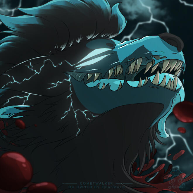 Headshot icon featuring a hellhound character with very sharp teeth and split eyes. The background is lit by lightning.