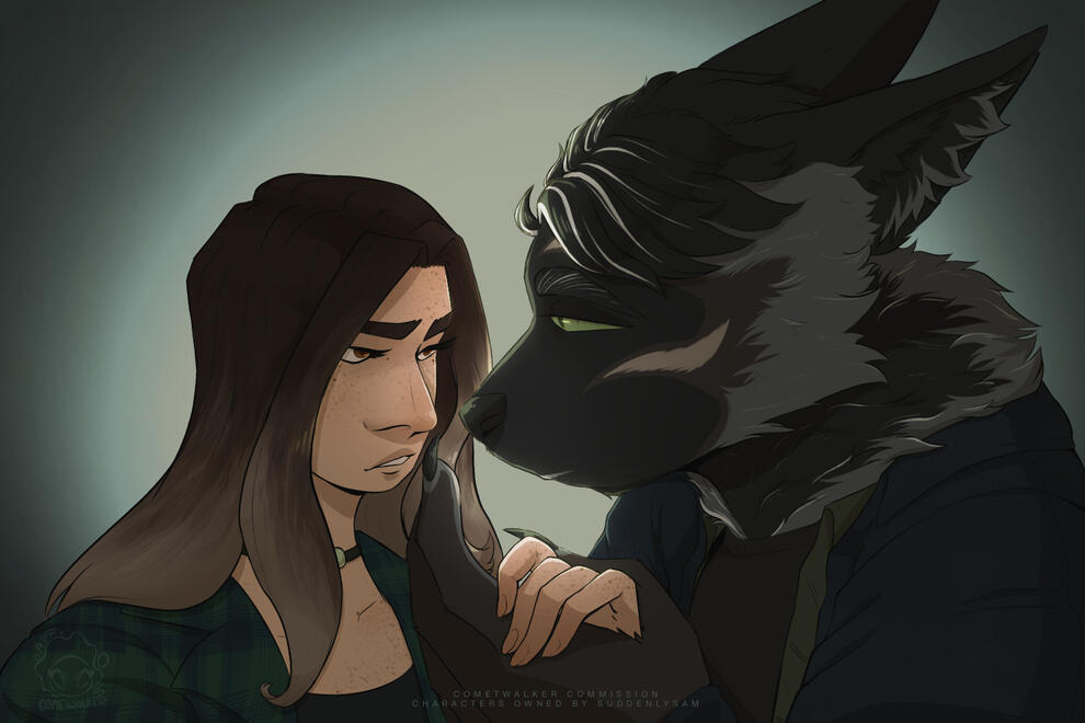 Two characters, one a human and the other a werewolf, are leaning close to one another, moments from kissing.