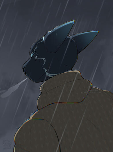 Blue alien standing in the rain breathing out a breath of cold air.