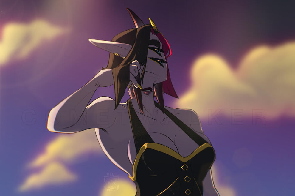 Female character is flipping hair back with her hand while looking towards the right. Silhouette has bright rim lighting.
