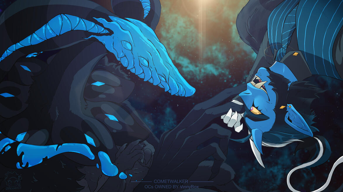 Illustration featuring two characters floating in space. The character on the left is a large bipedal six armed creature with an iridescent head. The figure on the right, floating upside down, is a humanoid with two horns.