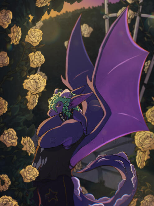 Purple dragon with moss and mushroom accents. They're standing in a rose garden while holding themself in a self love position.