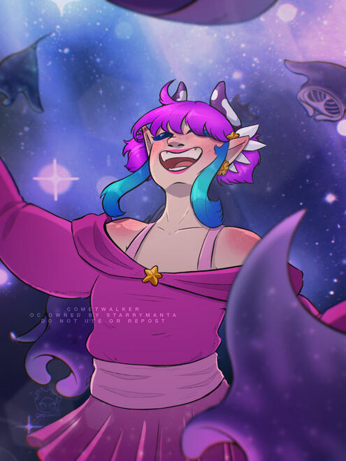 Female character with pink hair pulled back into low twintails is standing with arms outstretched among blue and purple manta rays.