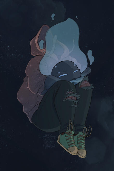 Full body of a character with their head cradled in their lap.