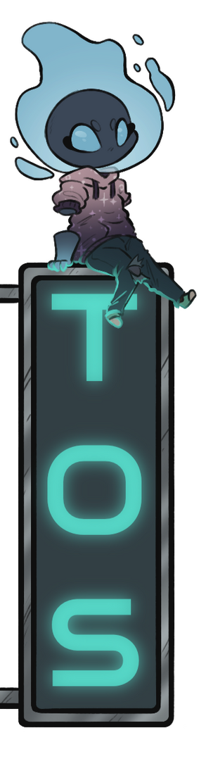 Character is sitting on top of a sign that reads "TOS"